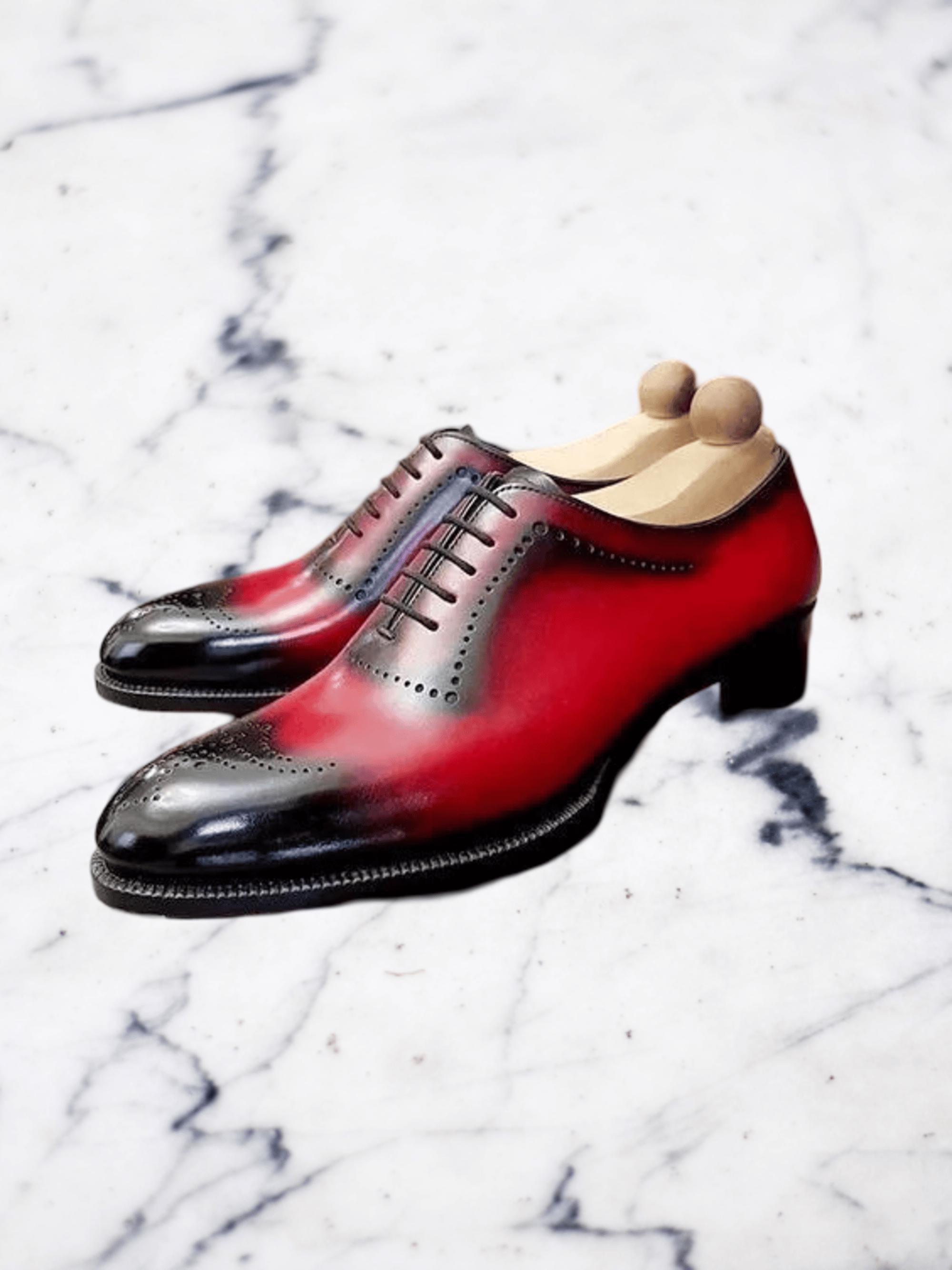 red and black men's dress shoes Handcrafted Patina Shoes, Lace up Brogue, Formal Leather which is what makes pattern_Chiffon Vogue Outfit Inspiration: Party Neck Size:16.5