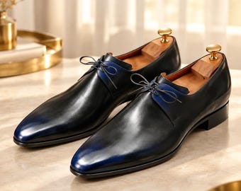Men Handmade Green Leather Blue Shaded Whole-cut Pointed Toe Casual, Dress Shoes