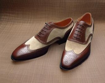 New Handmade Men's Brown Beige Brogue Leather Oxford Wingtip Dress Formal Shoes