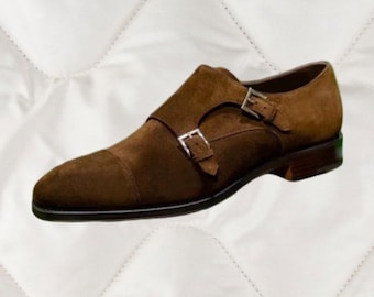 Handmade Men's Brown Suede Leather Monk Strap Classic Formal Dress Shoes