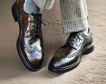 Handmade Genuine Leather Brown Oxford Formal Wingtip Brogue Dress Shoes For Men