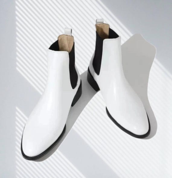 Men's Handmade White Leather Pointed Toe Ankle Chelsea Boots - Etsy