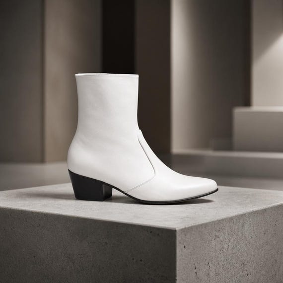 mens white leather dress boots Chelsea Men's Pointed Toe Personality Side Zipper Real Shoes 39R