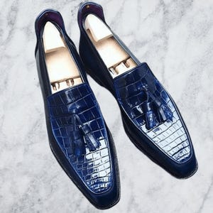 Handmade Navy Blue Leather Loafers: Men's Tassel Shoes