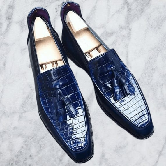 Handmade Navy Blue Leather Loafers: Men display picture 1