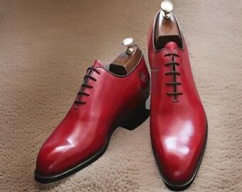 Scarpe eleganti da festa in vera pelle fatte a mano, stile Oxford, con lacci e punta derby rossa
