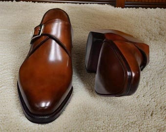 New Men's Handmade Brown Color Leather Single Monk Strap Casual Wear Shoes Men.