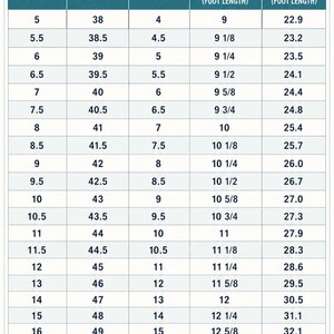May include: A shoe size conversion chart titled MEN'S SHOE SIZE CONVERSION CHART. The table lists US, EU, and UK sizes alongside foot length measurements in inches and centimeters. It includes illustrations of a black and a brown dress shoe.