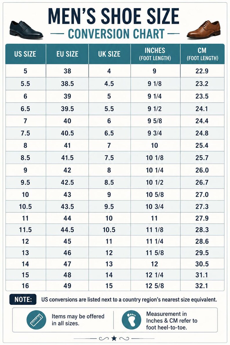 May include: A shoe size conversion chart titled MEN'S SHOE SIZE CONVERSION CHART. The table lists US, EU, and UK sizes alongside foot length measurements in inches and centimeters. It includes illustrations of a black and a brown dress shoe.