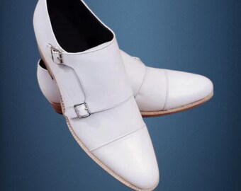 Handmade White Leather Monk Strap Shoes - Goodyear Welt