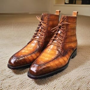 Handmade men tan brown ankle boots, lace up formal dress boots for men