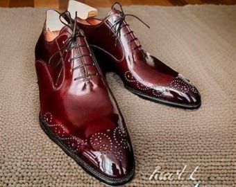 Nuove scarpe da uomo artigianali in pelle bordeaux Oxford con lacci e taglio intero brogue
