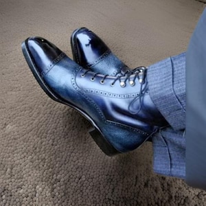 Handmade Men&#39;s Blue Leather,Suede Derby Lace Up Brogue Toe Cap Dress Ankle Boots