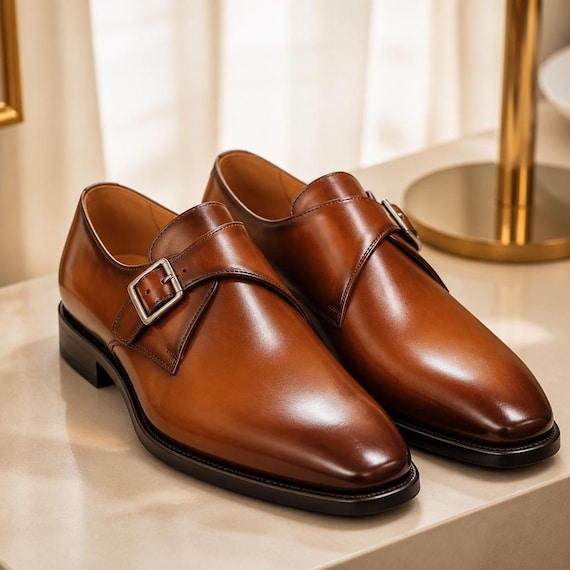 New Men's Handmade Brown Color Leather Single Monk Strap Casual Wear Shoes Men