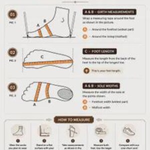 Puede incluir: Una infograf&iacute;a de gu&iacute;a de medici&oacute;n de pies con diagramas para medidas de contorno, longitud y ancho de suela. Incluye pasos numerados para medir los pies, consejos de precisi&oacute;n e instrucciones para encontrar la talla de calzado.