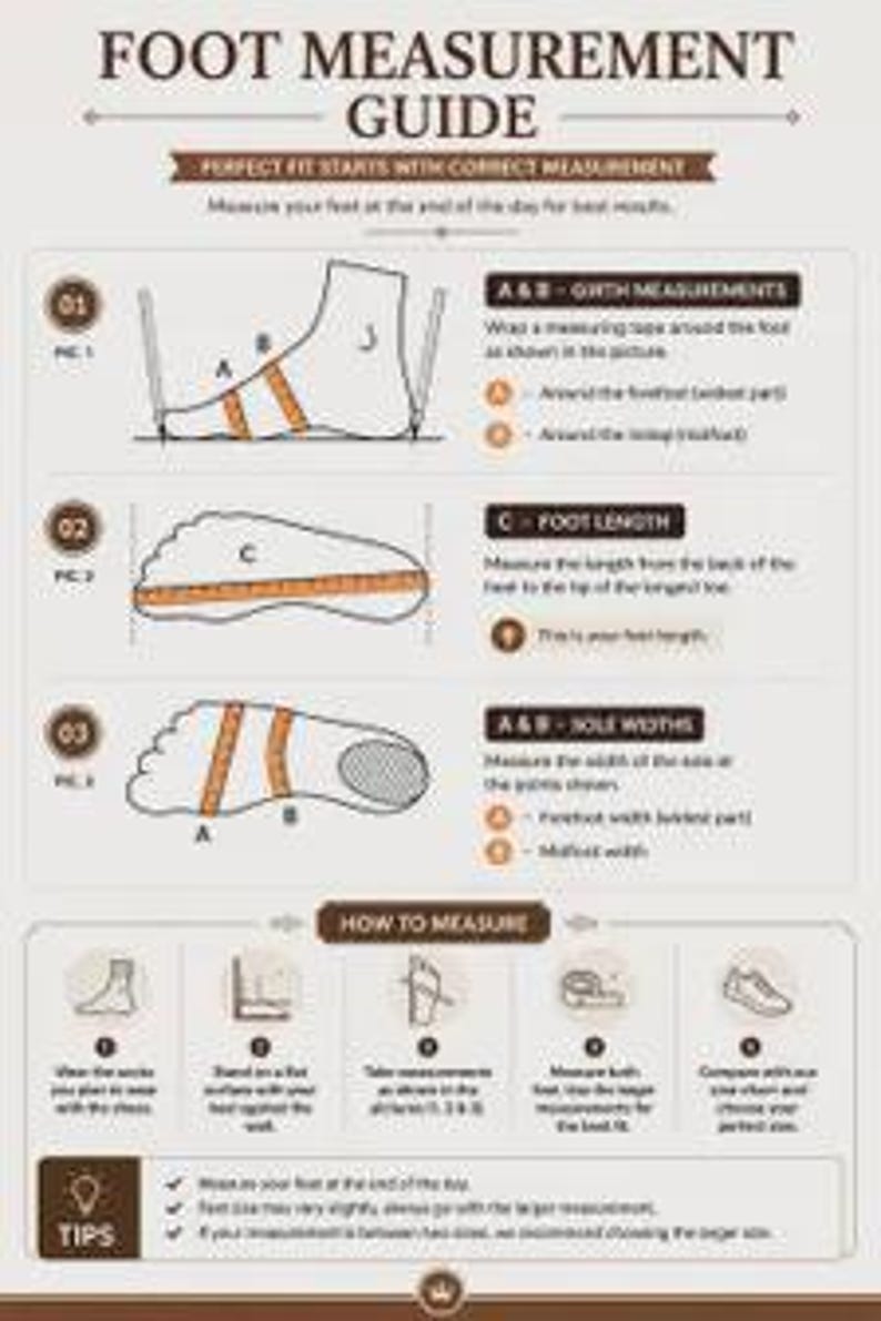 Puede incluir: Una infograf&iacute;a de gu&iacute;a de medici&oacute;n de pies con diagramas para medidas de contorno, longitud y ancho de suela. Incluye pasos numerados para medir los pies, consejos de precisi&oacute;n e instrucciones para encontrar la talla de calzado.