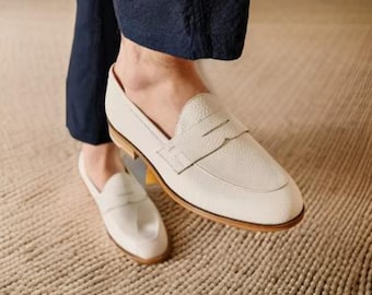 Firenze Atelier Herren Handgefertigte Embo Creme Leder Penny Loafers Slip-on Loafers