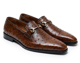 Mocassins à mors en cuir d'autruche marron faits main, chaussures habillées de luxe pour hommes