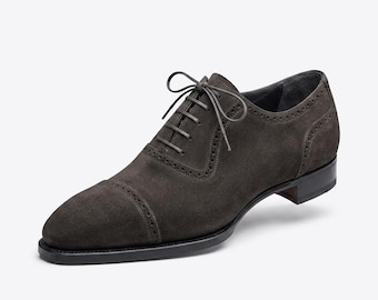 Handmade Men's Genuine Brown Dress Suede Leather Oxford Cap Toe Lace up Shoes