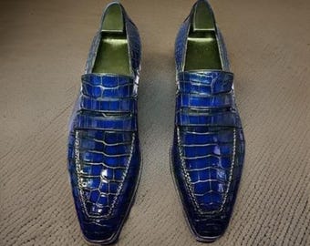 Męskie niebieskie ręcznie robione buty, tłoczone skórzane mokasyny, loafersy