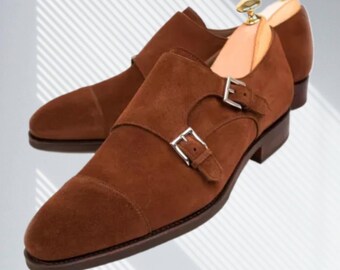 Handmade Men's Brown Suede Leather Monk Strap Classic Formal Dress Shoes