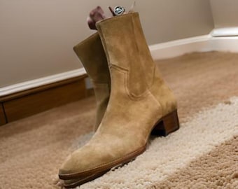 Handmade men beige suede dress boots, formal western zipper cowboy boots mens