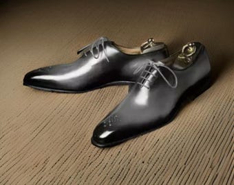 New Men Bespoke Good Year Welted Grey Patina Whole cut Oxford Formal Dress Shoes