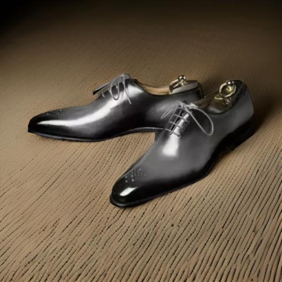 New Men Bespoke Good Year Welted Grey Patina Whole cut Oxford Formal Dress Shoes