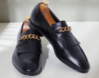 Handgemaakte zwarte leren mocassinschoenen voor heren met franjes, trendy loafer