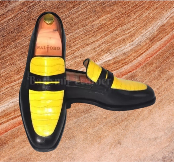 Handmade Classic Black and Yellow Loafers Dress Shoes - Etsy display picture 1