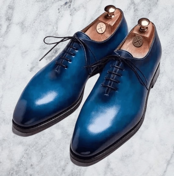 New Men's Handcrafted Genuine Blue Leather Lace up Whole Cut Dress Formal Shoe