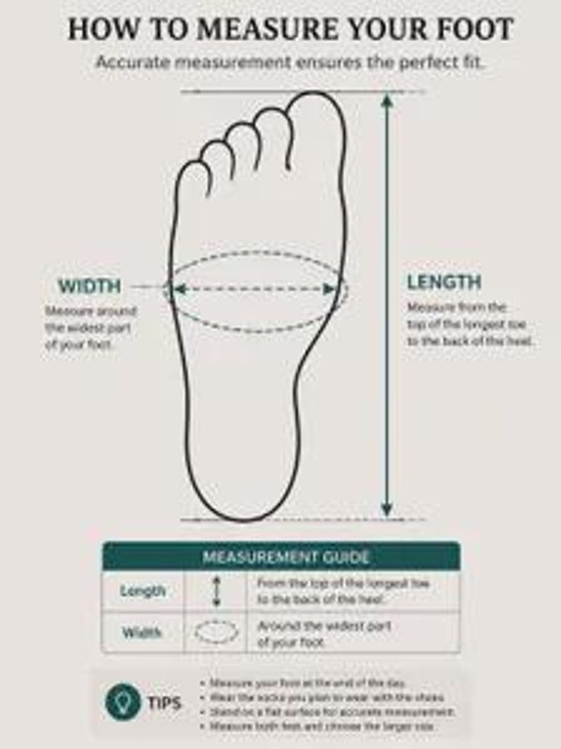 Puede incluir: Un diagrama instructivo titulado HOW TO MEASURE YOUR FOOT con el contorno negro de un pie humano. Incluye flechas que indican la longitud desde el dedo hasta el tal&oacute;n y la anchura, adem&aacute;s de una tabla de gu&iacute;a de medidas y una lista de consejos.