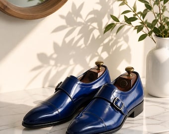 Handmade Men's Genuine Blue Leather Double Monk Strap Formal Dress Shoes Men