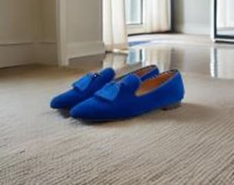 Handmade Mens Royal Blue Tassels Loafer Velvet Suede Leather Formal Dress Shoes