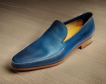 Męskie ręcznie robione buty codzienne, oryginalne niebieskie skórzane mokasyny, formalna sukienka, wsuwane