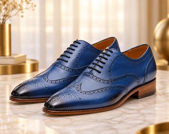 New Handmade Men Blue Brogue Leather Oxford Wingtip Dress Shoes For Men