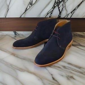 Men&#39;s Handmade blue ankle suede leather Chukka boots, Men dress leather Chukka
