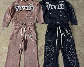 VIVID Rhinestone Flare Tracksuit Set