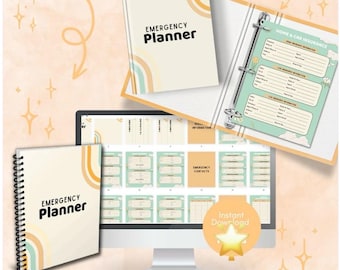 May include: An emergency planner with a cream-colored cover and a rainbow design. The planner is available in spiral-bound and binder formats, and also as a digital download. The planner includes sections for home and car insurance information and emergency contacts.