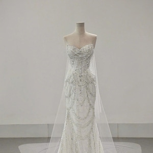 Glamorous Pearl Mermaid Wedding Gown, Hand-Beaded mermaid wedding dress, hand applique beaded and sequins, unique dress, custom made