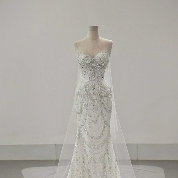 Glamorous Pearl Mermaid Wedding Gown, Hand-Beaded mermaid wedding dress, hand applique beaded and sequins, unique dress, custom made