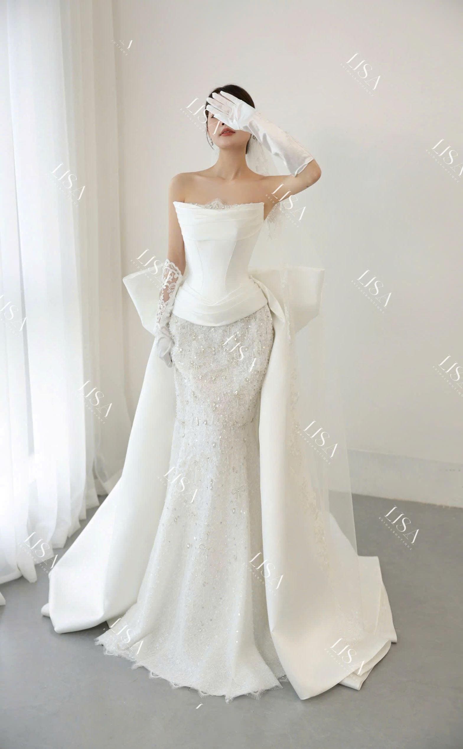 lisa lace wedding dress Ivory Lace Mermaid Wedding Dress with Long Sleeves Off the Shoulder Wedding Gown with Beaded Sequin Plus Size LISA Size 28W