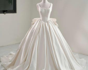 Elegant Mikado Ball Gown Wedding Dress – Wide Strap Sleeveless with Square Neckline, simple wedding dress with pearl custom made XXL size