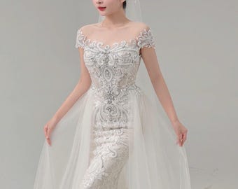Elegant 2-in-1 Lace Mermaid Wedding Dress with Detachable Overlay, Gorgous Beaded Mermaid Wedding Dress – Short Sleeves, Luxe sequins