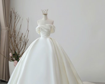 Minimalist cream satin wedding gown, off the shoulder ball gown, modest princess wedding dress, Custom made any size, Lisa Bridal Boutique