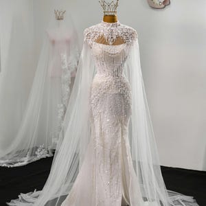 Sparkling Glitter Mermaid Wedding Dress – Detachable Beaded Shoulder Cape, Elegant modest wedding, Glamorous Sequin Mermaid Bridal Gown,