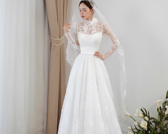 Vintage-Inspired Lace Wedding Gown, High Neck, Long Sleeves, and Sleek Sheath Fit, Modest Wedding Dress, boho Wedding Dress, custom tailored