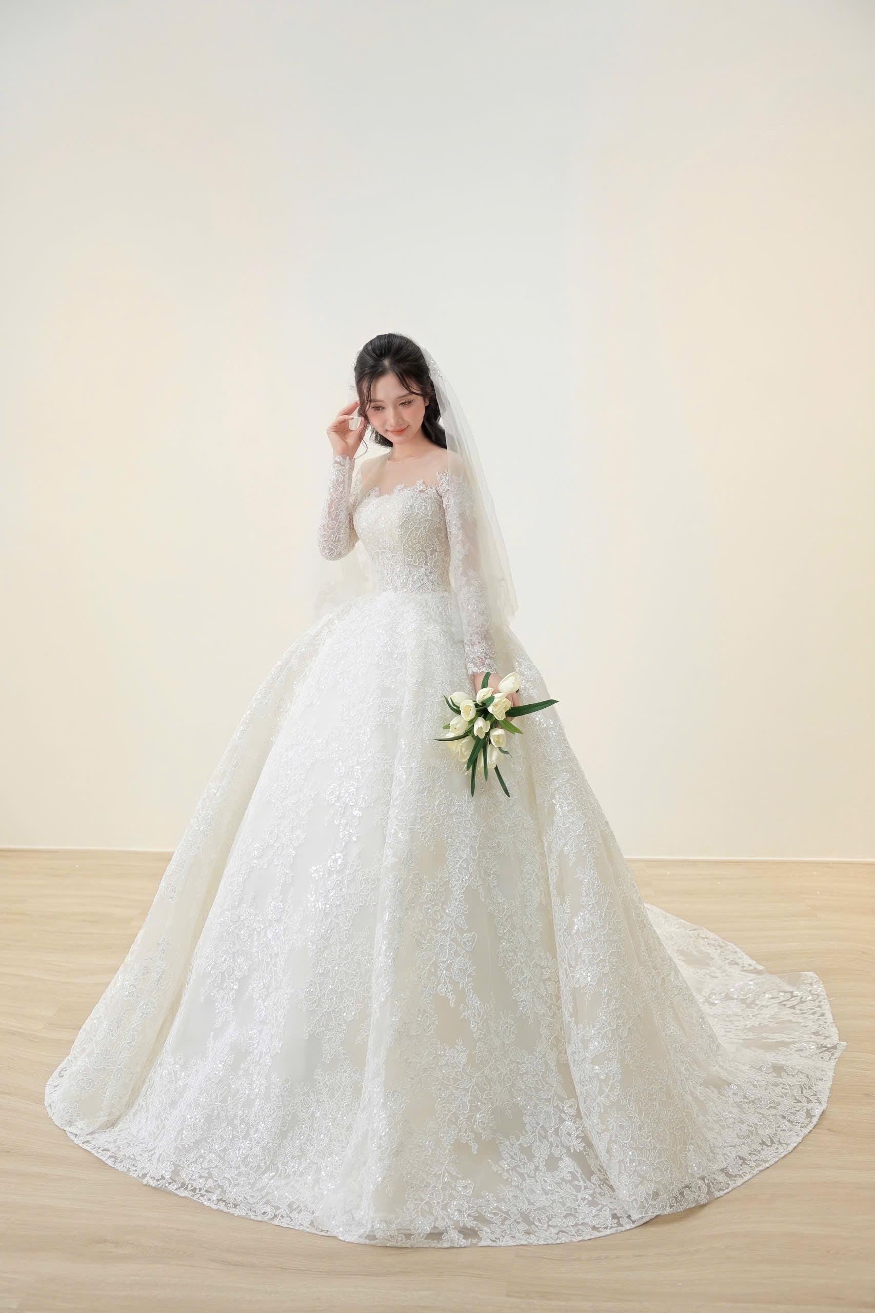 cinderella wedding dress long sleeve Sparkly Tulle Long-Sleeve Ball Gown