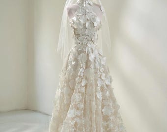 Vestido de novia con cuello halter y silueta suave y recta, confeccionado en encaje bordado 3D de primera calidad, elegante vestido de novia de línea A.
