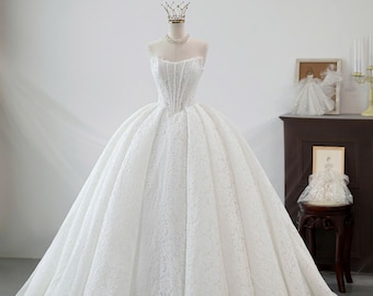 Simple Lace Strapless Ball Gown Wedding Dress with Corset Bodice and Defined Waist, Lace Wedding Gown, custom made XXL size, artisan made